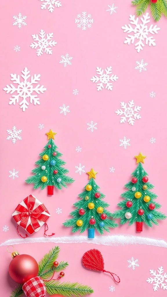 Pink Christmas Phone Wallpaper A pink Christmas phone wallpaper with snowflakes, Christmas trees, and ornaments.